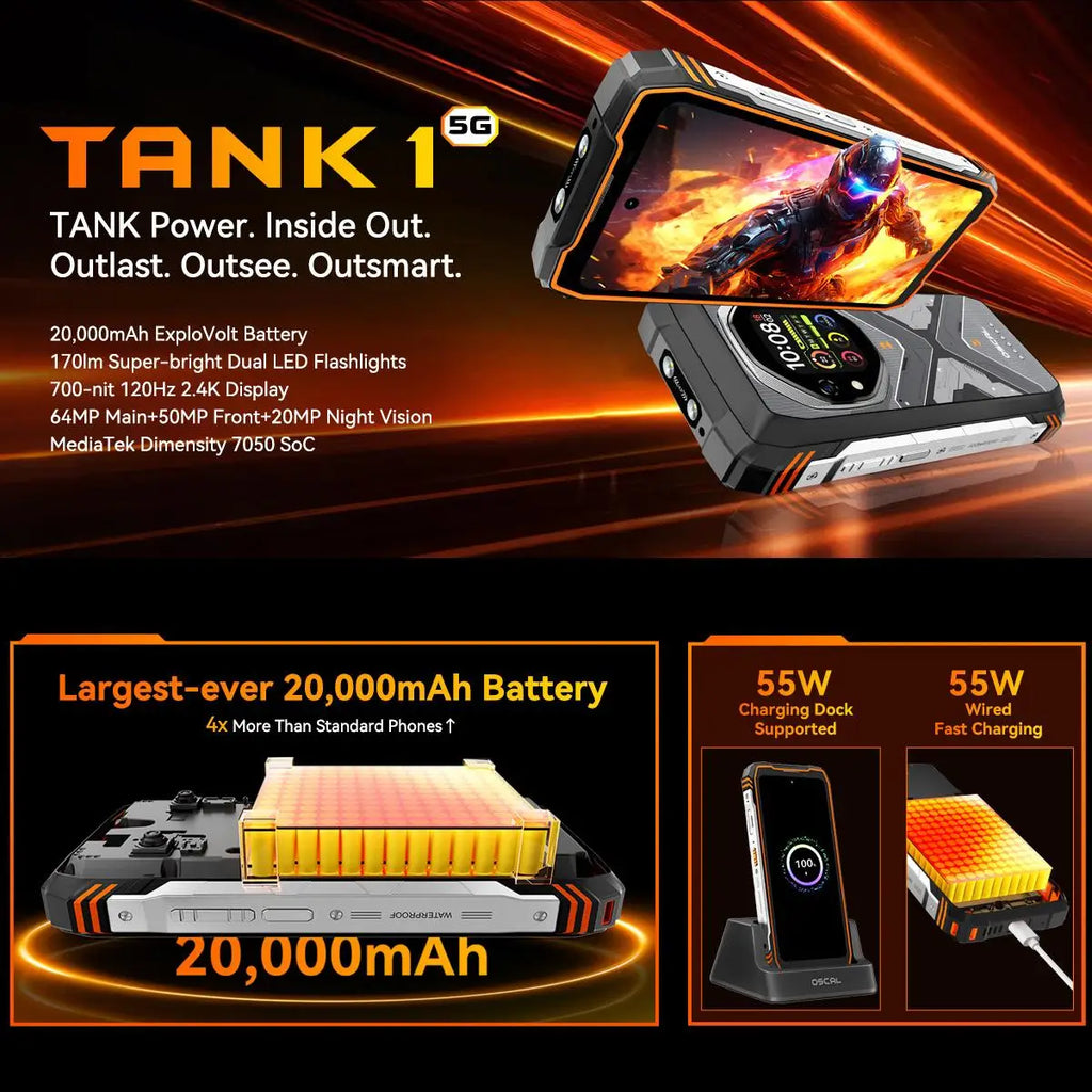 Blackview Oscal TANK 1 | Teléfono Resistente 5G, 20000mAh, Cámara 64MP, 6.78" 120Hz