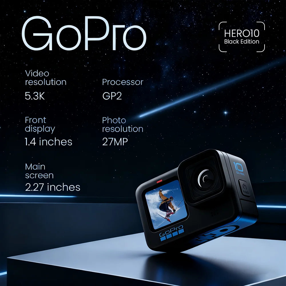 Cámara de Acción GoPro HERO 10 Black – 5.3K, 23MP, GP2 y Pantalla Frontal
