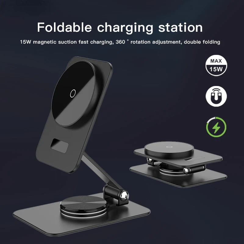Cargador Inalámbrico 3 en 1 Magnético Plegable para iPhone con Soporte de Escritorio y Carga MagSafe