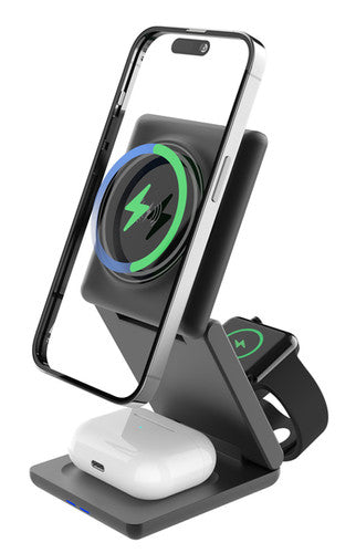 Cargador Inalámbrico 3 en 1 Magnético Plegable para iPhone con Soporte de Escritorio y Carga MagSafe