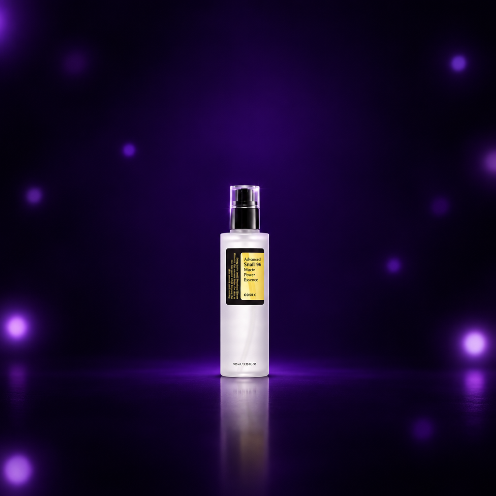 COSRX Essence con fondo púrpura y bokeh sutil