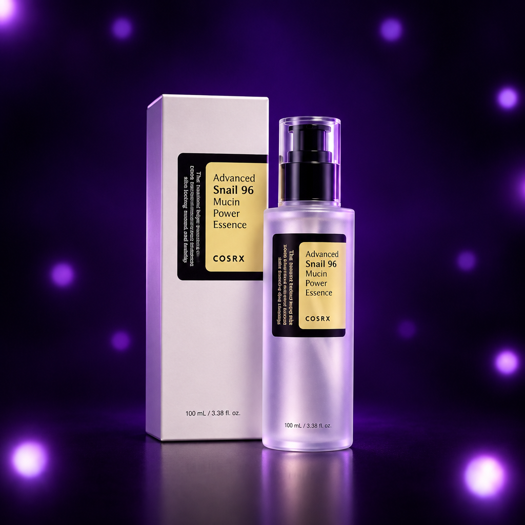 COSRX Snail Essence con fondo púrpura